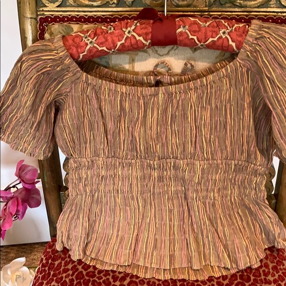 FREE PEOPLE VIVI COTTON CROPPED SMOCKED STRIPED TOP IN IVORY S, M - Picture 11 of 14